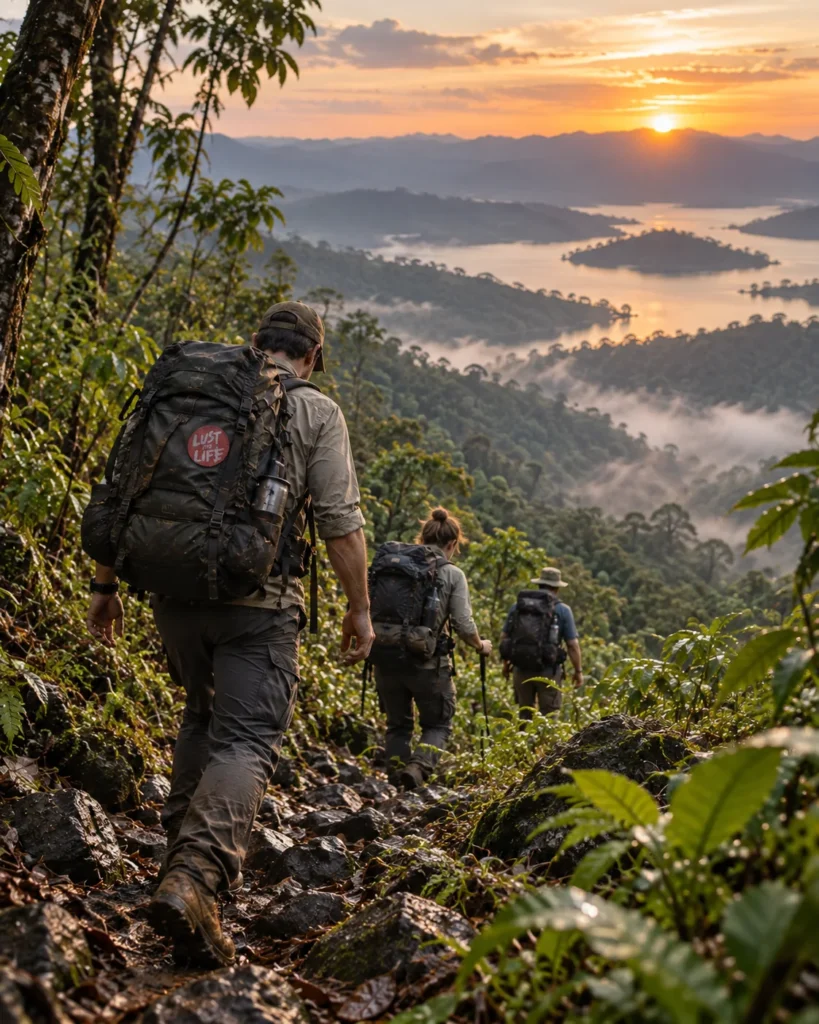 Explorer moving through a remote tropical landscape during a field expedition