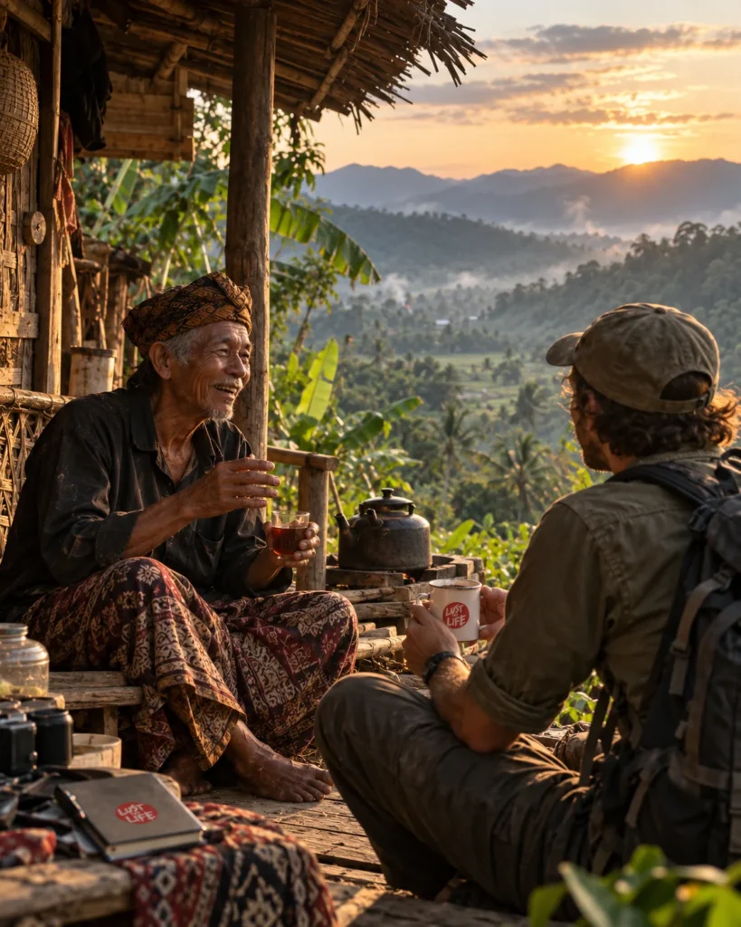Field conversation between an expedition traveler and a local guide in a remote community